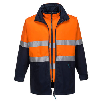 A high-visibility work jacket featuring orange and navy colours with reflective stripes and a zip front.