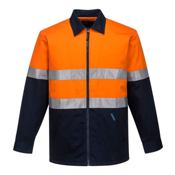 A quilt padded cotton jacket featuring orange and navy colours with reflective stripes and a branding logo.