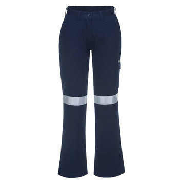 Ladies cargo pants in navy blue with reflective stripes and a side pocket. The pants have a branded logo.