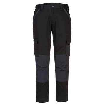 Black and charcoal work pants with multiple pockets and a fitted design, featuring a logo on the waistband.