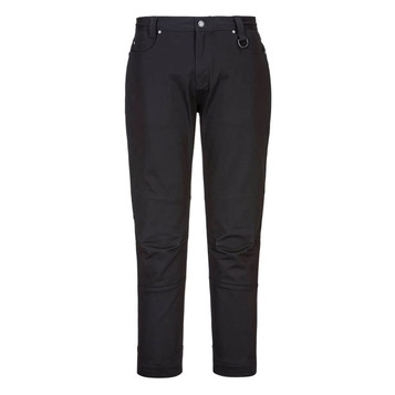 Slim fit work pants in black, featuring a classic design with pockets and a logo. Suitable for various work environments.