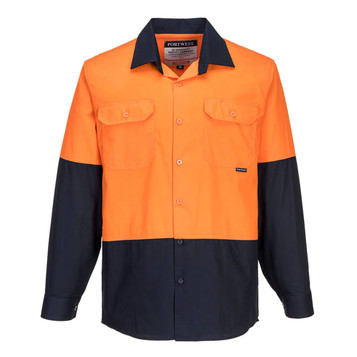 A lightweight long-sleeve work shirt in orange and navy, featuring chest pockets and a branded label.