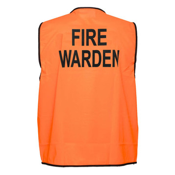 An orange vest with black text reading "FIRE WARDEN." The vest features a simple design and has a branding logo.