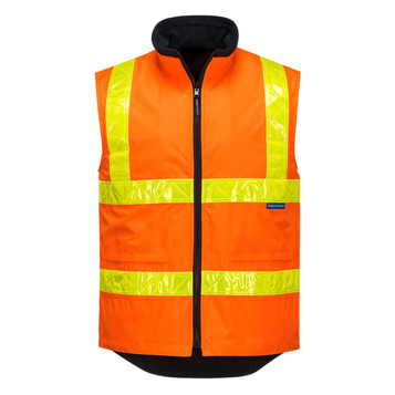 An orange bodywarmer with reflective yellow stripes and a black collar, featuring a logo.