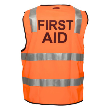 An orange safety vest with reflective stripes, featuring the words "FIRST AID" on the back and a logo.