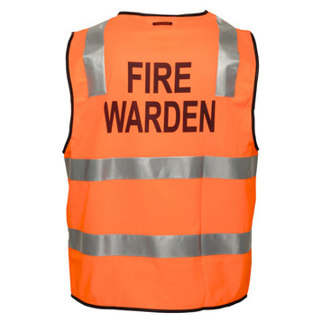 An orange safety vest featuring reflective stripes and a logo, labelled "Fire Warden" on the back.
