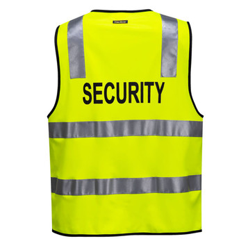 A fluorescent yellow security vest featuring reflective stripes and a logo on the back.