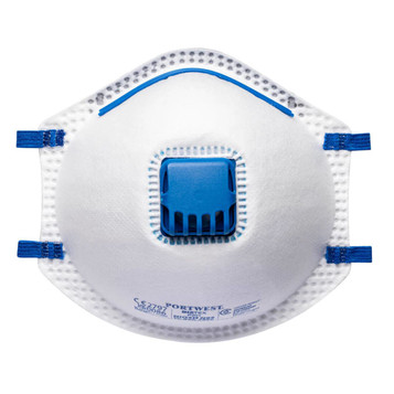 A white respirator with blue accents and a valved design, featuring adjustable straps and a branding logo.