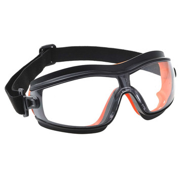 Slim safety goggle featuring clear lenses with black and orange detailing and an adjustable strap.