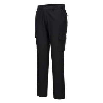A pair of black stretch combat trousers with cargo pockets and a sleek design. Features a small logo.