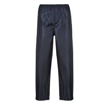 Black rain trousers with an elastic waistband, featuring a sleek, waterproof design. Includes a logo.
