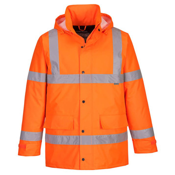 A bright orange Hi-Vis traffic jacket with reflective silver stripes, featuring a hood and front pockets.