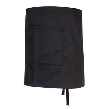 A black bar apron featuring a front pocket and tie fastenings at the back.
