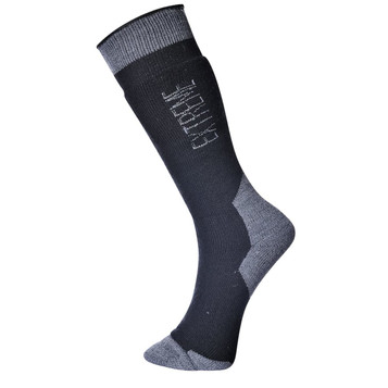 A pair of black and grey socks with a branded logo, designed for extreme cold weather.