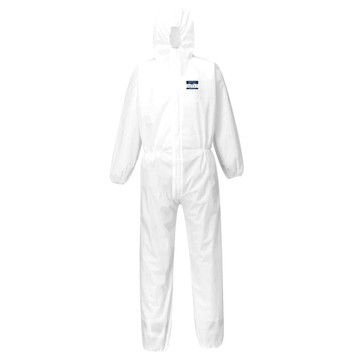 A white coverall suit with a hood, featuring an emblem on the chest, suitable for safety wear.