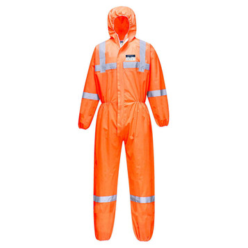 A bright orange coverall featuring reflective stripes and a hood, designed for safety wear. It has a logo on it.