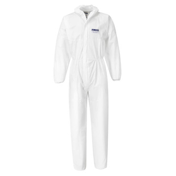 A white coverall made from PP/PE material, featuring a zip front and elastic cuffs, packaged in a set of 50.