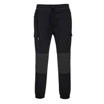 KX3 Flexi Trousers in black with grey panel details and cargo pockets. Features an elastic waistband and branding.