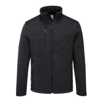 A polar fleece jacket in dark grey with black and blue accents, featuring multiple zip pockets and a stand-up collar.