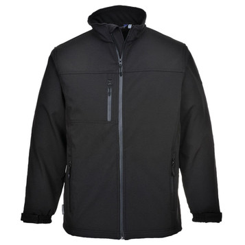 A black softshell jacket with a zippered front, two side pockets, and a hood. It features a logo on the chest.