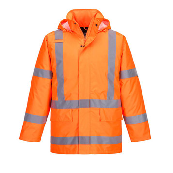 An orange winter jacket with reflective stripes and a hood. Features a logo on one sleeve.