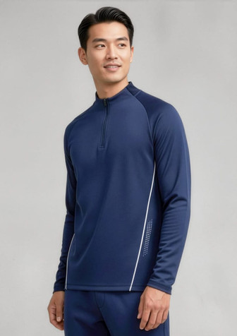 A navy unisex mid-layer jumper with a half-zip and white detailing, featuring a logo on the chest.