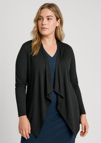 A black cardigan with a waterfall design, featuring long sleeves and an open front, worn over a navy dress.