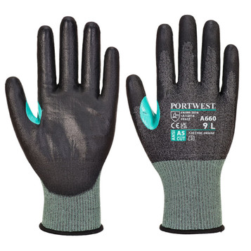 A pair of black and teal cut-resistant gloves with a textured grip and a branded logo on the wrist area.