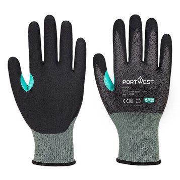 Two black nitrile foam gloves with grey accents and a logo, designed for protective wear.