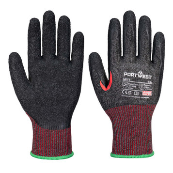 AHR13 F Dark Latex Cut Glove in black with a red and green knitted wrist cuff and a branding logo.