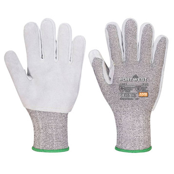 Light grey gloves with a textured palm and a green wrist cuff, featuring a logo. Suitable for clothing accessories.
