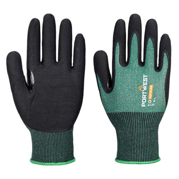 A pair of black and green micro foam gloves with woven wrist cuffs and a logo.