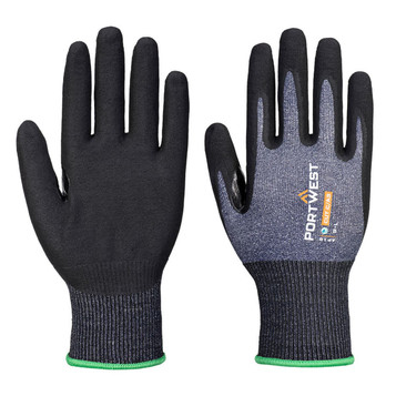 A pair of black and grey gloves with a green cuff and a logo on the wrist.