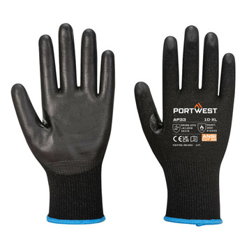 Black gloves with blue detailing and a branding logo, designed for touchscreen compatibility.