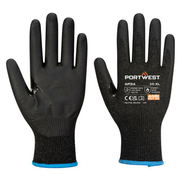 Two black nitrile foam gloves with a textured grip, featuring a blue trim at the wrist and a logo on one glove.