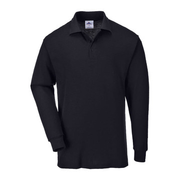 A black long sleeved polo shirt with a collar and a logo on the chest.