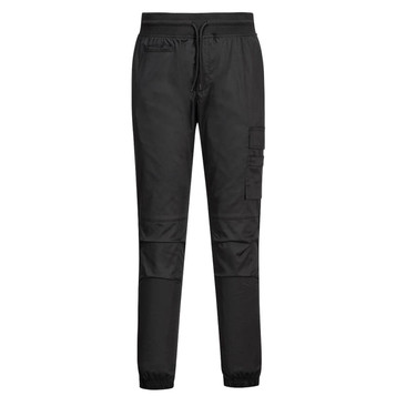 A pair of black jogger pants with a drawstring waist and a cargo pocket on the side.