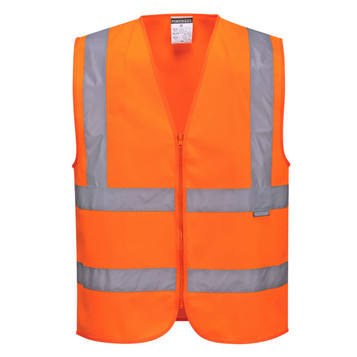 A zipped vest in high-visibility orange with reflective grey stripes and a logo on the front.