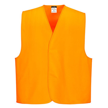 An orange hi-vis vest with a sleeveless design, featuring a simple cut and a label inside.