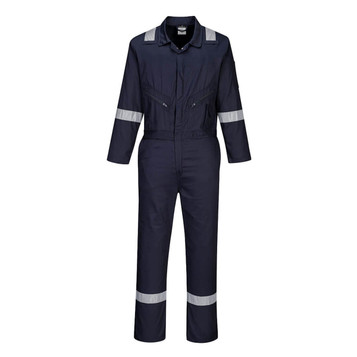 A navy blue coverall featuring reflective stripes, zippers, and two front pockets, with a logo on the chest.