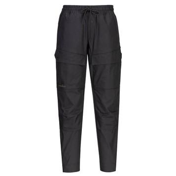 A pair of black cargo trousers with a drawstring waist and multiple pockets, featuring a logo.