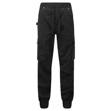Black lightweight pants with an elastic waistband, featuring cargo pockets and a logo.