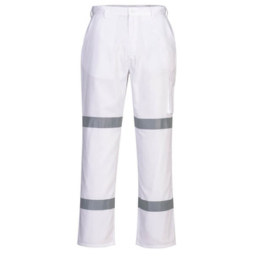 A pair of white cotton drill work pants with grey reflective stripes and a side pocket. The pants have a logo.