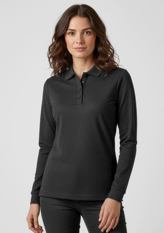 A black long sleeve polo shirt for women, featuring a collar and buttons, with a logo on the chest.