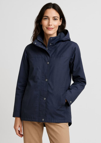 A navy women's comfort jacket with a hood, featuring a front button closure and side pockets.
