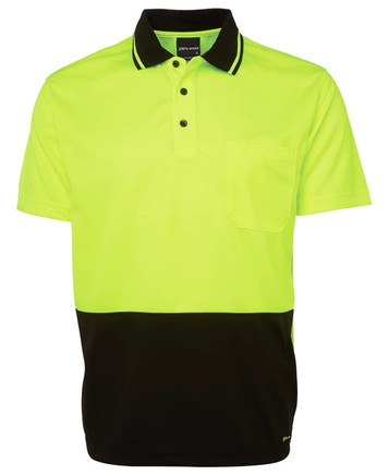 A high-visibility polo shirt in bright yellow with a black lower section and a pocket. It features a collar and a logo.