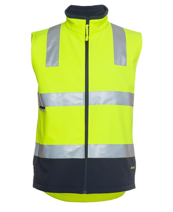 High-visibility softshell vest in bright yellow with reflective silver stripes and a navy blue base. Features a zipper and logo.