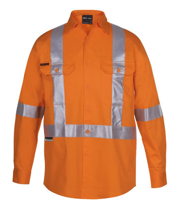 An orange long-sleeve safety shirt with reflective tape, featuring two chest pockets and a logo.