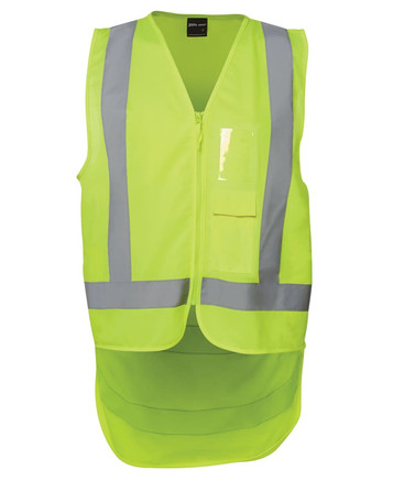A high-visibility lime work vest featuring reflective stripes and a front pocket, with a zip closure.