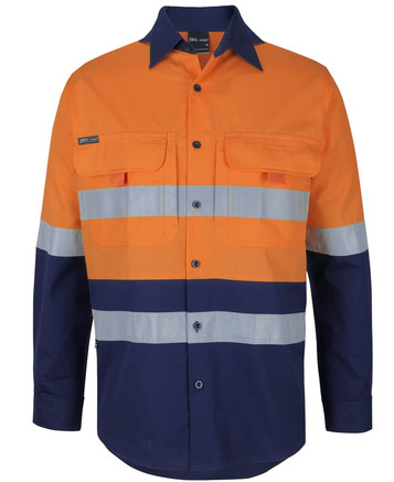 A long-sleeved ripstop fishing shirt in orange and navy, featuring reflective stripes and a logo.